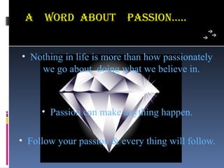 a    woRD aBouT          Passion…..


• Nothing in life is more than how passionately
     we go about doing what we believe in.



     • Passion can make anything happen.


• Follow your passion & every thing will follow.
 