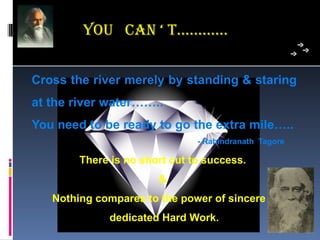 You can ‘ T…………


Cross the river merely by standing & staring
at the river water……..
You need to be ready to go the extra mile…..
                               - Rabindranath Tagore

        There is no short cut to success.
                       &
   Nothing compares to the power of sincere &
             dedicated Hard Work.
 