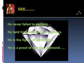 sRk……..


He never failed to perform…

He held his esteem high…. Always.

He is the figure of admiration.

He is a proof of well cut diamond…..
 