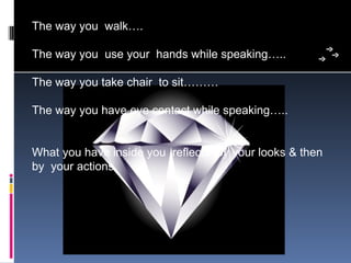 The way you  walk….

The way you  use your  hands while speaking…..

The way you take chair  to sit………

The way you have eye contact while speaking…..


What you have inside you  reflects  by your looks & then 
by  your actions.
 