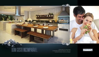 bOM GOSTO INCOmPARÁVEL. O espaço gourmet faz de qualquer reunião 
um acontecimento. Equipado com churrasqueira e forno de pizza 
é um convite para degustar o sabor de boas companhias. 
ESPAÇO GOURMET / PIZZA E GRILL 
Perspectiva artística do espaço gourmet / pizza e grill. Foto ilustrativa. 
Sugestão de layout, móveis, decoração e acabamentos conforme memorial descritivo. Vide contrato de compra e venda. 
A locação de elementos estruturais pode variar de acordo com as exigências técnicas. 
 