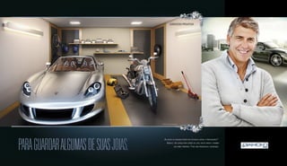 Foto ilustrativa. 
Sugestão de layout, móveis, decoração e acabamentos conforme memorial descritivo. Vide contrato de compra e venda. A locação 
de elementos estruturais pode variar de acordo com as exigências técnicas. *As vagas de garagem são destinadas ao estacionamento 
de veículos, todavia, o condômino poderá utilizá-las para outros fins, como o de depósito de quaisquer materiais. O condômino que optar 
pela utilização de sua vaga de garagem como depósito, deverá realizar as obras necessárias para fechar a referida vaga, através 
de paredes e portão automatizado, mantendo o mesmo padrão estético e arquitetônico existente no condomínio. Nesta hipótese, 
o condomínio solicitará parecer da Incorporadora e/ou do autor do projeto do condomínio, para aprovação do projeto apresentado 
pelo condômino.Os apartamentos do 8º, 24º, 25º e 26º andar possuirão o fechamento diferenciado do layout apresentado na imagem. 
Garagem Privativa 
Perspectiva artística da garagem privativa. 
As vagas de garagem podem ser fechadas lateral e frontalmente*. 
Amplas, têm espaço para carros de luxo, motos raras e também 
seu hobby preferido. Tudo com privacidade e segurança. 
Para guardar algumas de suas joias. 
 