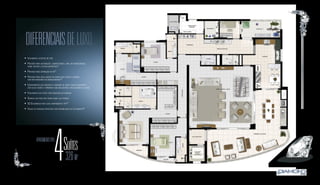 DIFERENCIAIS DE LUXO. 
4Suítes 
326 m2* 
APARTAMENTO TIPO 
*Medida aproximada referente aos apartamentos tipo do 2o ao 24o pavimento. Tipo: área apartamento 326,31m2 (considerando 2 lajes técnicas, 2 escaninhos e hall privativo). Mais informações, vide memorial descritivo. (1)Conforme memorial descritivo do empreendimento. (2)Será entregue previsão para aspiração 
de pó conforme memorial descritivo do empreendimento. A aquisição dos equipamentos, acessórios e fiação bem como a instalação dos mesmos ficará a cargo do proprietário. (3)Será entregue previsão conforme memorial descritivo do empreendimento. A aquisição do aquecedor e a instalação do mesmo ficará a cargo 
do proprietário. (4)01 escaninho localizado no mesmo pavimento do apartamento e 01 escaninho localizado em um dos pavimentos de garagem do empreendimento. (5)As vagas de garagem são destinadas ao estacionamento de veículos, todavia, o condômino poderá utilizá-las para outros fins, como o de depósito 
de quaisquer materiais. O condômino que optar pela utilização de sua vaga de garagem como depósito, deverá realizar as obras necessárias para fechar a referida vaga, através de paredes e portão automatizado, mantendo o mesmo padrão estético e arquitetônico existente no condomínio. Nesta hipótese, 
o condomínio solicitará parecer da Incorporadora e/ou do autor do projeto do condomínio, para aprovação do projeto apresentado pelo condômino.Os apartamentos do 8º, 24º, 25º e 26º andar possuirão o fechamento diferenciado do layout apresentado na imagem. (6)Elevador panorâmico tipo enclausurado. 
Sugestão de layout e decoração com móveis e objetos não fazendo parte do contrato. Equipamentos e acabamentos conforme memorial descritivo. Vide contrato de compra e venda. 
A locação de elementos estruturais pode variar de acordo com as exigências técnicas. As medidas internas podem sofrer variações conforme legislação. 
• Isolamento acústico no piso 
• Previsão para automação: luminotécnico, som, ar-condicionado, 
home theater e leitura biométrica(1) 
• Previsão para aspiração de pó(2) 
• Previsão para água quente no banho das suítes e cozinha 
com misturadores em monocomando(3) 
• Equipamentos que reduzem o consumo de água: bacias sanitárias 
com duas vazões e torneiras com arejadores e reguladores de vazão 
• Esquadrias das suítes com veneziana de enrolar 
• Quintal que pode ser usado como laje técnica 
• 02 Escaninhos para cada apartamento tipo(4) 
• Vagas de garagem privativas com possibilidade de fechamento(5) 
 