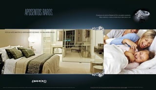 Perspectiva artística da suíte master. 
APOSENTOS RAROS. 
Foto dA Suíte Master do apartamento decorado - by Ana Maria MIller 
A requintada suíte master do Diamond Life Style é um ambiente incomparável. 
Amplo, confortável e luxuoso, um espaço para se sentir acima de tudo. 
Em virtude da mostra de arquitetura e design, Casa Cor, o apartamento decorado do empreendimento Diamond Life Style teve alterações de arquitetura. Essas alterações só poderão ser executadas após viabilidade técnica e serão consideradas 
como personalização sujeita a custo adicional e ao cronograma da obra. Os acabamentos serão entregues conforme memorial descritivo do empreendimento. Sugestão de layout e decoração com móveis e objetos não fazendo parte do contrato. Equipamentos e acabamentos cofnorme memorial descritivo. Vide contrato de compra e venda. A locação de elementos estruturais pode variar de acordo com as exigências técnicas. As medidas internas podem sofrer variações cofnorme legislação. IR-69038. 
Foto ilustrativa. 
 