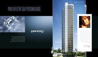 PARA REFLETIR SUA PERSONALIDADE. 
A fachada contemporânea do Diamond Life Style 
rompe a rigidez dos ângulos retos e apresenta 
linhas curvas de bom gosto ímpar. Uma composição 
marcante que vai iluminar o mais impressionante 
residencial da cidade. Uma joia lapidada com esmero. 
Foto ilustrativa. 
Sugestão de layout, móveis, decoração e acabamentos conforme memorial descritivo. Vide contrato de compra e venda. A locação de elementos estruturais pode variar de acordo com as exigências técnicas. 
Perspectiva artística da fachada. 
Os espaços foram lapidados como uma 
perfeita joia, como um perfeito diamante. 
A luz invade os ambientes, através 
de brilhantes vidros, no amplo terraço 
com vista para o Parque Flamboyant. 
Nesta varanda, lapidamos o conceito 
“outliving” com a integração da mesma 
com o belíssimo living e com a cozinha 
gourmet. Luz, brilho e sofisticação 
são a síntese deste diamante. 
Arquiteta 
FACHADA - ÚNICA TORRE 
 