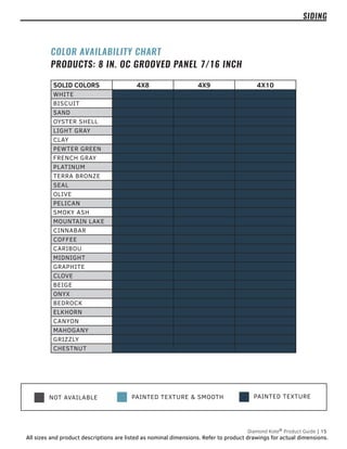 PAINTED TEXTURE
NOT AVAILABLE PAINTED TEXTURE & SMOOTH
SIDING
SOLID COLORS 4X8 4X9 4X10
WHITE
BISCUIT
SAND
OYSTER SHELL
LIGHT GRAY
CLAY
PEWTER GREEN
FRENCH GRAY
PLATINUM
TERRA BRONZE
SEAL
OLIVE
PELICAN
SMOKY ASH
MOUNTAIN LAKE
CINNABAR
COFFEE
CARIBOU
MIDNIGHT
GRAPHITE
CLOVE
BEIGE
ONYX
BEDROCK
ELKHORN
CANYON
MAHOGANY
GRIZZLY
CHESTNUT
COLOR AVAILABILITY CHART
PRODUCTS: 8 IN. OC GROOVED PANEL 7/16 INCH
Diamond Kote®
Product Guide | 15
All sizes and product descriptions are listed as nominal dimensions. Refer to product drawings for actual dimensions.
 