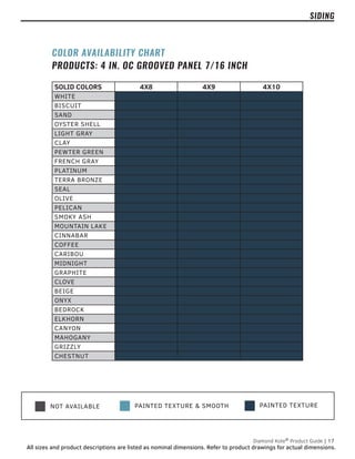PAINTED TEXTURE
NOT AVAILABLE PAINTED TEXTURE & SMOOTH
SIDING
SOLID COLORS 4X8 4X9 4X10
WHITE
BISCUIT
SAND
OYSTER SHELL
LIGHT GRAY
CLAY
PEWTER GREEN
FRENCH GRAY
PLATINUM
TERRA BRONZE
SEAL
OLIVE
PELICAN
SMOKY ASH
MOUNTAIN LAKE
CINNABAR
COFFEE
CARIBOU
MIDNIGHT
GRAPHITE
CLOVE
BEIGE
ONYX
BEDROCK
ELKHORN
CANYON
MAHOGANY
GRIZZLY
CHESTNUT
COLOR AVAILABILITY CHART
PRODUCTS: 4 IN. OC GROOVED PANEL 7/16 INCH
Diamond Kote®
Product Guide | 17
All sizes and product descriptions are listed as nominal dimensions. Refer to product drawings for actual dimensions.
 