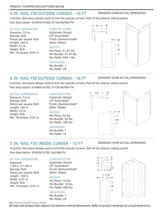 PRODUCT COMMON DESCRIPTIONS BELOW
28 | Diamond Kote®
Product Guide
All sizes and product descriptions are listed as nominal dimensions. Refer to product drawings for actual dimensions.
ACTUAL DIMENSIONS
Exposure:
1.50 in. X 1.50 in.
Overlap: N/A
Pieces per square: N/A
Length: 120 in.
Width: 2.41 in.
Height: N/A
Min. Thickness: 0.91 in.
CONSTRUCTION
Substrate: Strand
LP®
SmartSide®
Finish: Diamond Kote®
Other: Plastic
WEIGHT
Per Piece: 16 lbs.
Per Bundle: 16 lbs.
Per Pallet: 400 lbs.
PACKAGING
Per Bundle: 1
Per Pallet: 25
Part Description: 5/4X3X10 ISC Ced Nail Fin
Function: One piece design used to trim the outside corners; Part of the exterior siding system
3 IN. NAIL FIN INSIDE CORNER - 10 FT
ACTUAL DIMENSIONS
Exposure: 5.5 in.
Overlap: N/A
Pieces per square: N/A
Length: 192 in.
Width: 5.5 in.
Height: N/A
Min. Thickness: 0.91 in.
CONSTRUCTION
Substrate: Strand
LP®
SmartSide®
Finish: Diamond Kote®
Other: Plastic
WEIGHT
Per Piece: 52 lbs.
Per Bundle: 52 lbs.
Per Pallet: 780 lbs.
PACKAGING
Per Bundle: 1
Per Pallet: 15
Part Description: 5/4X6X16 OSC LP Ced W/Nail Fin
Function: One piece design used to trim the outside corners; Part of the exterior siding system
6 IN. NAIL FIN OUTSIDE CORNER - 16 FT
ACTUAL DIMENSIONS
Exposure: 3.5 in.
Overlap: N/A
Pieces per square: N/A
Length: 192 in.
Width: 3.5 in.
Height: N/A
Min. Thickness: 0.91 in.
CONSTRUCTION
Substrate: Strand
LP®
SmartSide®
Finish: Diamond Kote®
Other: Plastic
WEIGHT
Per Piece: 31.47 lbs.
Per Bundle: 31.47 lbs.
Per Pallet: 944.1 lbs.
PACKAGING
Per Bundle: 1
Per Pallet: 30
Part Description: 5/4X4X16 OSC LP Ced W/Nail Fin
Function: One piece design used to trim the outside corners; Part of the exterior siding system
4 IN. NAIL FIN OUTSIDE CORNER - 16 FT
.91
2.41
2.41
3.50
.91
1.50
1.25
.91
.91
1.50
2.41
2.41
1.50
3.50
.91
1.50
1.25
.91
.91
1.50
2.41
2.41
1.50
3.50
.91
1.50
1.25
3.5 .91
3.5
1.25
3.5 .91
3.5
1.25
3.5 .91
3.5
5.50 .91
3.50
1.25
5.50 .91
3.50
1.25
5.50 .91
3.50
1.25
DRAWINGS SHOW ACTUAL DIMENSIONS
DRAWINGS SHOW ACTUAL DIMENSIONS
DRAWINGS SHOW ACTUAL DIMENSIONS
 