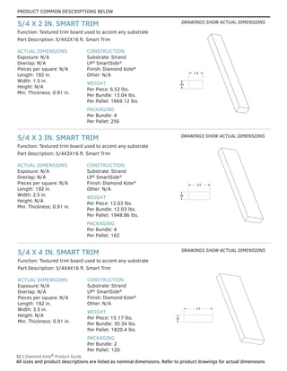 PRODUCT COMMON DESCRIPTIONS BELOW
32 | Diamond Kote®
Product Guide
All sizes and product descriptions are listed as nominal dimensions. Refer to product drawings for actual dimensions.
ACTUAL DIMENSIONS
Exposure: N/A
Overlap: N/A
Pieces per square: N/A
Length: 192 in.
Width: 3.5 in.
Height: N/A
Min. Thickness: 0.91 in.
CONSTRUCTION
Substrate: Strand
LP®
SmartSide®
Finish: Diamond Kote®
Other: N/A
WEIGHT
Per Piece: 15.17 lbs.
Per Bundle: 30.34 lbs.
Per Pallet: 1820.4 lbs.
PACKAGING
Per Bundle: 2
Per Pallet: 120
Part Description: 5/4X4X16 ft. Smart Trim
Function: Textured trim board used to accent any substrate
5/4 X 4 IN. SMART TRIM
ACTUAL DIMENSIONS
Exposure: N/A
Overlap: N/A
Pieces per square: N/A
Length: 192 in.
Width: 2.5 in.
Height: N/A
Min. Thickness: 0.91 in.
CONSTRUCTION
Substrate: Strand
LP®
SmartSide®
Finish: Diamond Kote®
Other: N/A
WEIGHT
Per Piece: 12.03 lbs.
Per Bundle: 12.03 lbs.
Per Pallet: 1948.86 lbs.
PACKAGING
Per Bundle: 4
Per Pallet: 162
Part Description: 5/4X3X16 ft. Smart Trim
Function: Textured trim board used to accent any substrate
5/4 X 3 IN. SMART TRIM
.91
1.5
.91
1.5
ACTUAL DIMENSIONS
Exposure: N/A
Overlap: N/A
Pieces per square: N/A
Length: 192 in.
Width: 1.5 in.
Height: N/A
Min. Thickness: 0.91 in.
CONSTRUCTION
Substrate: Strand
LP®
SmartSide®
Finish: Diamond Kote®
Other: N/A
WEIGHT
Per Piece: 6.52 lbs.
Per Bundle: 13.04 lbs.
Per Pallet: 1669.12 lbs.
PACKAGING
Per Bundle: 4
Per Pallet: 256
Part Description: 5/4X2X16 ft. Smart Trim
Function: Textured trim board used to accent any substrate
5/4 X 2 IN. SMART TRIM
.91
2.5
.91 2.5
.91
3.5
.91
3.5
DRAWINGS SHOW ACTUAL DIMENSIONS
DRAWINGS SHOW ACTUAL DIMENSIONS
DRAWINGS SHOW ACTUAL DIMENSIONS
 