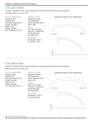 PRODUCT COMMON DESCRIPTIONS BELOW
42 | Diamond Kote®
Product Guide
All sizes and product descriptions are listed as nominal dimensions. Refer to product drawings for actual dimensions.
ACTUAL DIMENSIONS
Exposure: N/A
Overlap: N/A
Pieces per square: N/A
Length: Variable
Width: 5.5 in.
Height: Variable
Min. Thickness: 0.91 in.
CONSTRUCTION
Substrate: Strand
LP®
SmartSide®
Finish: Diamond Kote®
Other: N/A
WEIGHT
Per Piece: Variable
1.52 Lbs / Lineal Foot
Per Bundle: N/A
Per Pallet: N/A
PACKAGING
Per Bundle: 1 Each
Per Carton: N/A
Part Description: 6 in. Arch Trim
Function: Premade trim for arched, elliptical or circular windows, doors or other openings
6 IN. ARCH TRIM
ACTUAL DIMENSIONS
Exposure: N/A
Overlap: N/A
Pieces per square: N/A
Length: Variable
Width: 3.5 in.
Height: Variable
Min. Thickness: 0.91 in.
CONSTRUCTION
Substrate: Strand
LP®
SmartSide®
Finish: Diamond Kote®
Other: N/A
WEIGHT
Per Piece: Variable
0.95 Lbs / Lineal Foot
Per Bundle: N/A
Per Pallet: N/A
PACKAGING
Per Bundle: 1 Each
Per Carton: N/A
Part Description: 4 in. Arch Trim
Function: Premade trim for arched, elliptical or circular windows, doors or other openings
4 IN. ARCH TRIM
.91
5.5
5.5
.91
5.5 5.5
.91
5.5 5.5
.91
3.5
3.5
.91
3.5 3.5
.91
3.5 3.5
DRAWINGS SHOW ACTUAL DIMENSIONS
DRAWINGS SHOW ACTUAL DIMENSIONS
 