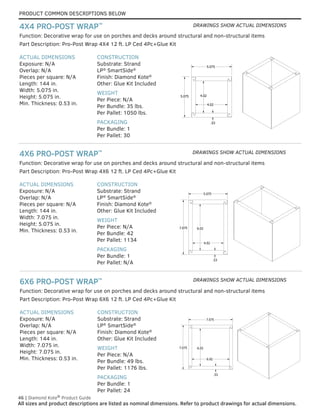PRODUCT COMMON DESCRIPTIONS BELOW
46 | Diamond Kote®
Product Guide
All sizes and product descriptions are listed as nominal dimensions. Refer to product drawings for actual dimensions.
ACTUAL DIMENSIONS
Exposure: N/A
Overlap: N/A
Pieces per square: N/A
Length: 144 in.
Width: 7.075 in.
Height: 7.075 in.
Min. Thickness: 0.53 in.
CONSTRUCTION
Substrate: Strand
LP®
SmartSide®
Finish: Diamond Kote®
Other: Glue Kit Included
WEIGHT
Per Piece: N/A
Per Bundle: 49 lbs.
Per Pallet: 1176 lbs.
PACKAGING
Per Bundle: 1
Per Pallet: 24
Part Description: Pro-Post Wrap 6X6 12 ft. LP Ced 4Pc+Glue Kit
Function: Decorative wrap for use on porches and decks around structural and non-structural items
6X6 PRO-POST WRAP™
ACTUAL DIMENSIONS
Exposure: N/A
Overlap: N/A
Pieces per square: N/A
Length: 144 in.
Width: 7.075 in.
Height: 5.075 in.
Min. Thickness: 0.53 in.
CONSTRUCTION
Substrate: Strand
LP®
SmartSide®
Finish: Diamond Kote®
Other: Glue Kit Included
WEIGHT
Per Piece: N/A
Per Bundle: 42
Per Pallet: 1134
PACKAGING
Per Bundle: 1
Per Pallet: N/A
Part Description: Pro-Post Wrap 4X6 12 ft. LP Ced 4Pc+Glue Kit
Function: Decorative wrap for use on porches and decks around structural and non-structural items
4X6 PRO-POST WRAP™
ACTUAL DIMENSIONS
Exposure: N/A
Overlap: N/A
Pieces per square: N/A
Length: 144 in.
Width: 5.075 in.
Height: 5.075 in.
Min. Thickness: 0.53 in.
CONSTRUCTION
Substrate: Strand
LP®
SmartSide®
Finish: Diamond Kote®
Other: Glue Kit Included
WEIGHT
Per Piece: N/A
Per Bundle: 35 lbs.
Per Pallet: 1050 lbs.
PACKAGING
Per Bundle: 1
Per Pallet: 30
Part Description: Pro-Post Wrap 4X4 12 ft. LP Ced 4Pc+Glue Kit
Function: Decorative wrap for use on porches and decks around structural and non-structural items
4X4 PRO-POST WRAP™
5.075
5.075
.53
4.02
4.02
5.075
7.075
4.02
6.02
.53
7.075
7.075
6.02
6.02
.53
DRAWINGS SHOW ACTUAL DIMENSIONS
DRAWINGS SHOW ACTUAL DIMENSIONS
DRAWINGS SHOW ACTUAL DIMENSIONS
 