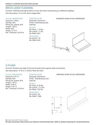 58 | Diamond Kote®
Product Guide
All sizes and product descriptions are listed as nominal dimensions. Refer to product drawings for actual dimensions.
ACTUAL DIMENSIONS
Exposure: 0.31 in.
Overlap: N/A
Pieces per square: N/A
Length: 120 in.
Width: 0.44 in.
Height: 2.41 in.
Min. Thickness: 0.019 in.
CONSTRUCTION
Substrate: Aluminium
Finish: Coordinating color
matches
WEIGHT
Per Piece: 0.70 lbs.
Per Carton: 17.5 lbs.
Per Pallet: 735 lbs.
PACKAGING
Per Carton: 25
Per Pallet: 1050
Part Description: 7/16 in. X 10/0 Z Flash Sm Alum
Function: Protects top edge of horizontal panel joints against water penetration
Z-FLASH
ACTUAL DIMENSIONS
Exposure: 2.38 in.
Overlap: N/A
Pieces per square: N/A
Length: 120 in.
Width: N/A
Height: 2.12 in.
Min. Thickness: 0.019 in.
CONSTRUCTION
Substrate: Aluminium
Finish: Coordinating color
matches
WEIGHT
Per Piece: 1.10 lbs.
Per Carton: 11 lbs.
Per Pallet: N/A
PACKAGING
Per Carton: 10
Per Pallet: N/A
Part Description: 2 in.x10 ft. Brick Ledge Flash
Function: Flashing used above stone or brick sills when transitioning to a different cladding
BRICK LEDGE FLASHING
2.00
2.12
.38
.31
2.00
2.12
.38
.31
2.09
.31
.44
2.41
2.09
.31
.44
2.41
DRAWINGS SHOW ACTUAL DIMENSIONS
DRAWINGS SHOW ACTUAL DIMENSIONS
PRODUCT COMMON DESCRIPTIONS BELOW
 