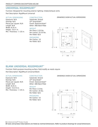 PRODUCT COMMON DESCRIPTIONS BELOW
62 | Diamond Kote®
Product Guide
All sizes and product descriptions are listed as nominal dimensions. Refer to product drawings for actual dimensions.
Function: Designed for mounting exterior lighting; intake/exhaust vents
Function: Multi-purpose mounting surface; field modify as needs require
Part Description: RigidMount Universal Blank
ACTUAL DIMENSIONS
Exposure: N/A
Overlap: N/A
Pieces per square: N/A
Length: N/A
Width: 8.25 in.
Height: 10.313 in.
Min. Thickness: 1.125 in.
CONSTRUCTION
Substrate: Strand
LP®
SmartSide®
Finish: Diamond Kote®
Other: ABS Back Plate
WEIGHT
Per Piece: 2.5 lbs.
Per Carton: 25 lbs.
Per Pallet: N/A
PACKAGING
Per Carton: 10
Per Pallet: N/A
Part Description: RigidMount Universal
ACTUAL DIMENSIONS
Exposure: N/A
Overlap: N/A
Pieces per square: N/A
Length: N/A
Width: 8.25 in.
Height: 10.31 in.
Min. Thickness: 1.125 in.
CONSTRUCTION
Substrate: Strand
LP®
SmartSide®
Finish: Diamond Kote®
Other: ABS Back Plate
WEIGHT
Per Piece: 2.33 lbs.
Per Carton: 23.33 lbs.
Per Pallet: N/A
PACKAGING
Per Carton: 10
Per Pallet: N/A
BLANK UNIVERSAL RIGIDMOUNT™
UNIVERSAL RIGIDMOUNT™
8.56
11.56
1.5
1.5
14.19
.56
.75
10.31
8.25
4.13
4.063
.91
5.31
8.56
11.56
1.5
1.5
14.19
.56
.75
10.31
8.25
4.13
4.063
.91
5.31
8.56
11.56
1.5
1.5
14.19
.56
.75
10.31
8.25
4.13
4.063
.91
5.31
.91
11.56
.56
.75
8.56
1.5 1.5
8.25
10.31
14.19
.91
11.56
.56
.75
8.56
1.5 1.5
8.25
10.31
14.19
11.56
.56
.75
8.56
1.5 1.5
DRAWINGS SHOW ACTUAL DIMENSIONS
DRAWINGS SHOW ACTUAL DIMENSIONS
 