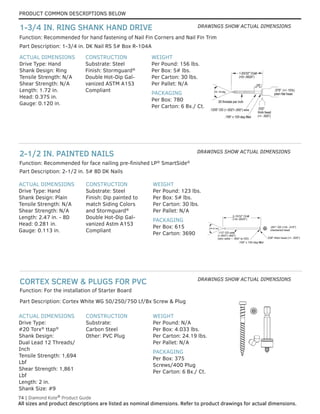 74 | Diamond Kote®
Product Guide
All sizes and product descriptions are listed as nominal dimensions. Refer to product drawings for actual dimensions.
PRODUCT COMMON DESCRIPTIONS BELOW
Part Description: Cortex White WG 50/250/750 Lf/Bx Screw & Plug
Function: For the installation of Starter Board
Function: Recommended for face nailing pre-finished LP®
SmartSide®
Part Description: 2-1/2 in. 5# 8D DK Nails
ACTUAL DIMENSIONS
Drive Type: Hand
Shank Design: Ring
Tensile Strength: N/A
Shear Strength: N/A
Length: 1.72 in.
Head: 0.375 in.
Gauge: 0.120 in.
CONSTRUCTION
Substrate: Steel
Finish: Stormguard®
Double Hot-Dip Gal-
vanized ASTM A153
Compliant
WEIGHT
Per Pound: 156 lbs.
Per Box: 5# lbs.
Per Carton: 30 lbs.
Per Pallet: N/A
PACKAGING
Per Box: 780
Per Carton: 6 Bx./ Ct.
Function: Recommended for hand fastening of Nail Fin Corners and Nail Fin Trim
Part Description: 1-3/4 in. DK Nail RS 5# Box R-104A
2-1/2 IN. PAINTED NAILS
CORTEX SCREW & PLUGS FOR PVC
1-3/4 IN. RING SHANK HAND DRIVE
ACTUAL DIMENSIONS
Drive Type: Hand
Shank Design: Plain
Tensile Strength: N/A
Shear Strength: N/A
Length: 2.47 in. - 8D
Head: 0.281 in.
Gauge: 0.113 in.
CONSTRUCTION
Substrate: Steel
Finish: Dip painted to
match Siding Colors
and Stormguard®
Double Hot-Dip Gal-
vanized Astm A153
Compliant
WEIGHT
Per Pound: 123 lbs.
Per Box: 5# lbs.
Per Carton: 30 lbs.
Per Pallet: N/A
PACKAGING
Per Box: 615
Per Carton: 3690
ACTUAL DIMENSIONS
Drive Type:
#20 Torx®
ttap®
Shank Design:
Dual Lead 12 Threads/
Inch
Tensile Strength: 1,694
Lbf
Shear Strength: 1,861
Lbf
Length: 2 in.
Shank Size: #9
CONSTRUCTION
Substrate:
Carbon Steel
Other: PVC Plug
WEIGHT
Per Pound: N/A
Per Box: 4.033 lbs.
Per Carton: 24.19 lbs.
Per Pallet: N/A
PACKAGING
Per Box: 375
Screws/400 Plug
Per Carton: 6 Bx./ Ct.
DRAWINGS SHOW ACTUAL DIMENSIONS
DRAWINGS SHOW ACTUAL DIMENSIONS
DRAWINGS SHOW ACTUAL DIMENSIONS
 