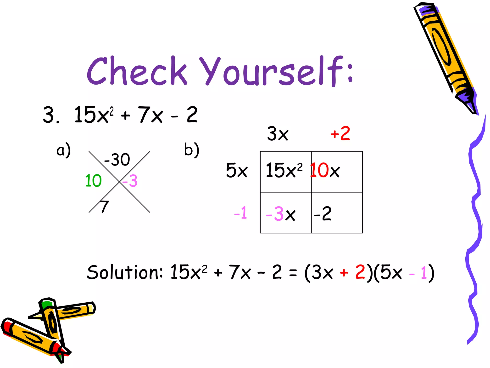 Check Yourself:
3. 15x2
+ 7x - 2
a) b)
-30
7
15x2
10x
-3x -2
5x
3x +2
-1
Solution: 15x2
+ 7x – 2 = (3x + 2)(5x - 1)
10 -3
 