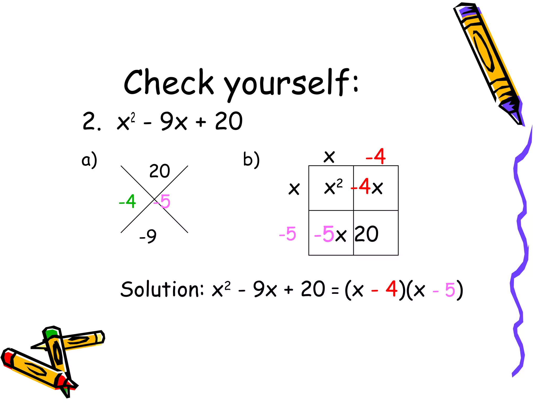 2. x2
- 9x + 20
a) b)
20
-9
x2
-4x
-5x 20
x
x -4
-5
Solution: x2
- 9x + 20 = (x - 4)(x - 5)
-4 -5
Check yourself:
 