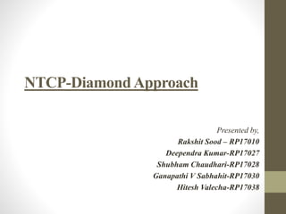 NTCP-DiamondApproach
Presented by,
Rakshit Sood – RP17010
Deependra Kumar-RP17027
Shubham Chaudhari-RP17028
Ganapathi V Sabhahit-RP17030
Hitesh Valecha-RP17038
 