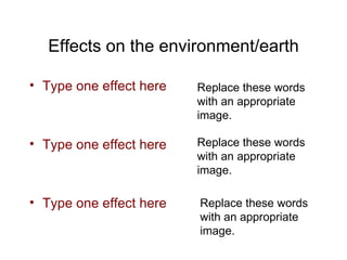 Effects on the environment/earth Type one effect here Type one effect here Type one effect here Replace these words with an appropriate image. Replace these words with an appropriate image. Replace these words with an appropriate image. 