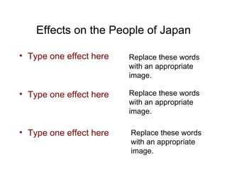 Effects on the People of Japan Type one effect here Type one effect here Type one effect here Replace these words with an appropriate image. Replace these words with an appropriate image. Replace these words with an appropriate image. 