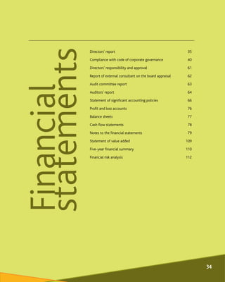 Directors' report 35
Compliance with code of corporate governance 40
Directors' responsibility and approval 61
Report of e...