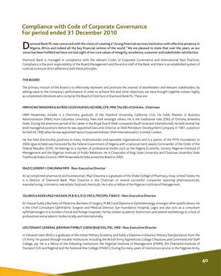 Compliance with Code of Corporate Governance
For period ended 31 December 2010
iamondBankPlcwasconceivedwiththevisionofcre...