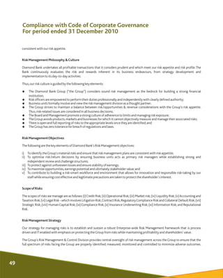 consistent with ourrisk appetite.
RiskManagementPhilosophy&Culture
Diamond Bank undertakes all profitable transactions tha...