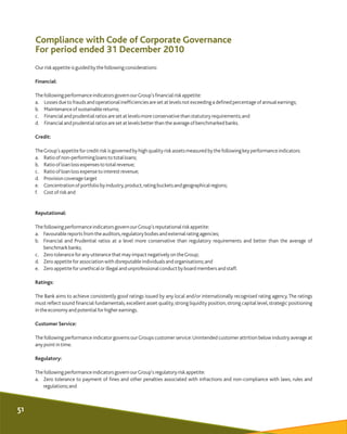 Compliance with Code of Corporate Governance
For period ended 31 December 2010
Ourriskappetite isguided bythe following co...