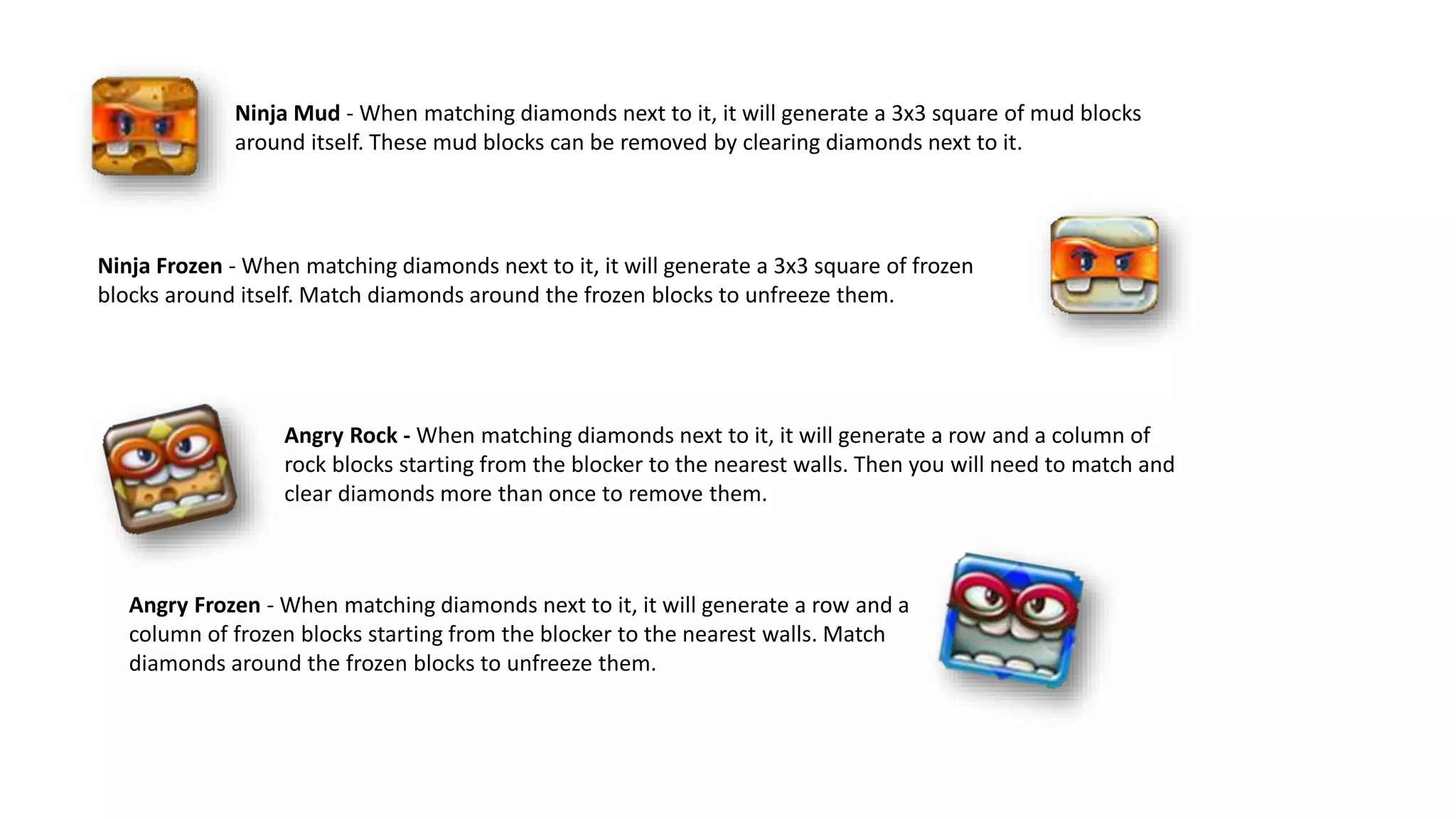 Ninja Mud - When matching diamonds next to it, it will generate a 3x3 square of mud blocks
around itself. These mud blocks can be removed by clearing diamonds next to it.
Ninja Frozen - When matching diamonds next to it, it will generate a 3x3 square of frozen
blocks around itself. Match diamonds around the frozen blocks to unfreeze them.
Angry Rock - When matching diamonds next to it, it will generate a row and a column of
rock blocks starting from the blocker to the nearest walls. Then you will need to match and
clear diamonds more than once to remove them.
Angry Frozen - When matching diamonds next to it, it will generate a row and a
column of frozen blocks starting from the blocker to the nearest walls. Match
diamonds around the frozen blocks to unfreeze them.
 