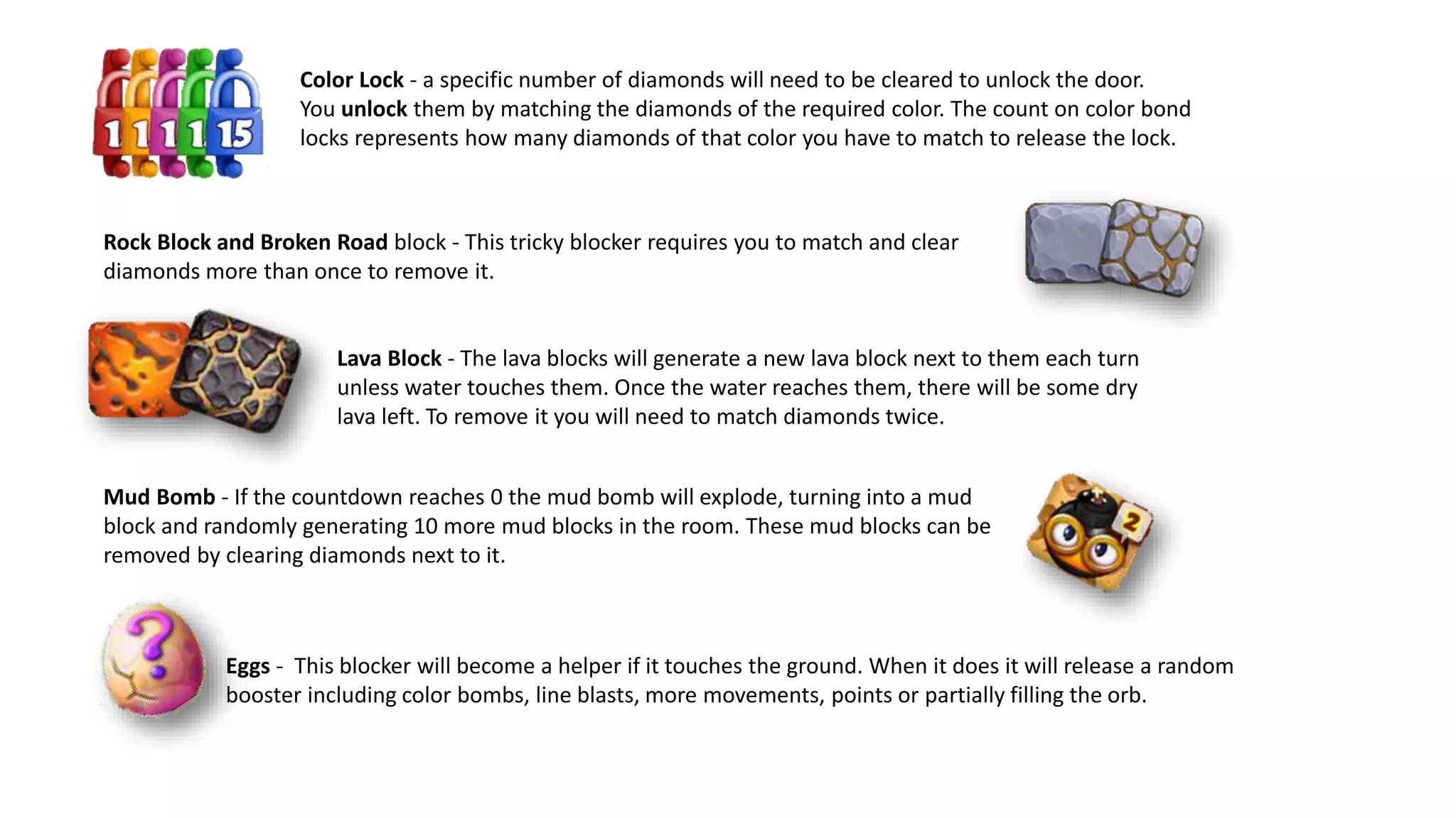 Color Lock - a specific number of diamonds will need to be cleared to unlock the door.
You unlock them by matching the diamonds of the required color. The count on color bond
locks represents how many diamonds of that color you have to match to release the lock.
Rock Block and Broken Road block - This tricky blocker requires you to match and clear
diamonds more than once to remove it.
Lava Block - The lava blocks will generate a new lava block next to them each turn
unless water touches them. Once the water reaches them, there will be some dry
lava left. To remove it you will need to match diamonds twice.
Mud Bomb - If the countdown reaches 0 the mud bomb will explode, turning into a mud
block and randomly generating 10 more mud blocks in the room. These mud blocks can be
removed by clearing diamonds next to it.
Eggs - This blocker will become a helper if it touches the ground. When it does it will release a random
booster including color bombs, line blasts, more movements, points or partially filling the orb.
 
