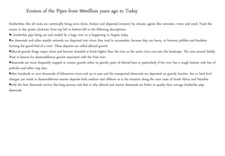 Kimberlites, like all rocks are continually being worn down, broken and dispersed (erosion) by climatic agents like rainwater, rivers and wind. Track the
scenes in this poster clockwise from top left to bottom left in the following descriptions:
a kimberlite pipe being cut and eroded by a large river as is happening in Angola today
as diamonds and other mantle minerals are dispersed into rivers they tend to accumulate, because they are heavy, in between pebbles and boulders
forming the gravel bed of a river. These deposits are called alluvial gravels
alluvial gravels fringe major rivers and become stranded at levels higher than the river as the active river cuts into the landscape. The area around Barkly
West is famous for diamondiferous gravels associated with the Vaal river
diamonds are more frequently trapped in coarser gravels either in specific parts of alluvial bars or particularly if the river has a rough bottom with lots of
potholes and other trap sites
after hundreds or even thousands of kilometres rivers end up in seas and the transported diamonds are deposited on gravely beaches. Sea or land level
changes can result in diamondiferous marine deposits both onshore and offshore as is the situation along the west coast of South Africa and Namibia
only the best diamonds survive this long journey and that is why alluvial and marine diamonds are better in quality than average kimberlite pipe
diamonds
Erosion of the Pipes from 90million years ago to Today
 