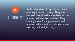 AUTHORITY
Authorities stand for quality and hate
wasting time and money. They are
rational, disciplined and orderly with a...