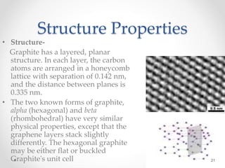 Structure Properties
• Structure-
Graphite has a layered, planar
structure. In each layer, the carbon
atoms are arranged in a honeycomb
lattice with separation of 0.142 nm,
and the distance between planes is
0.335 nm.
• The two known forms of graphite,
alpha (hexagonal) and beta
(rhombohedral) have very similar
physical properties, except that the
graphene layers stack slightly
differently. The hexagonal graphite
may be either flat or buckled
Graphite's unit cell 21
 