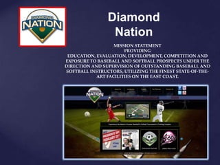 Diamond
                 Nation
                   MISSION STATEMENT
                       PROVIDING
 EDUCATION, EVALUATION, DEVELOPMENT, COMPETITION AND
EXPOSURE TO BASEBALL AND SOFTBALL PROSPECTS UNDER THE
DIRECTION AND SUPERVISION OF OUTSTANDING BASEBALL AND
SOFTBALL INSTRUCTORS, UTILIZING THE FINEST STATE-OF-THE-
            ART FACILITIES ON THE EAST COAST.
 