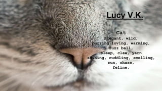 Lucy V.K.
Cat
Elegant, wild,
purring,loving, warming,
fuzz ball,
sleep, claw, yarn
shining, cuddling, smelling,
run, chase,
feline.
 