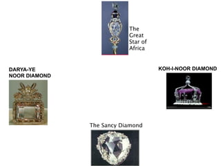The
                           Great
                           Star of
                           Africa


DARYA-YE                             KOH-I-NOOR DIAMOND
NOOR DIAMOND




               The Sancy Diamond
 