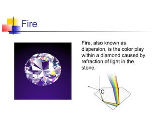 Fire
Fire, also known as
dispersion, is the color play
within a diamond caused by
refraction of light in the
stone.
 