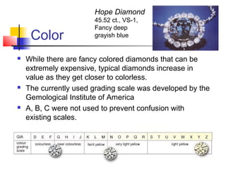 Color
 While there are fancy colored diamonds that can be
extremely expensive, typical diamonds increase in
value as they get closer to colorless.
 The currently used grading scale was developed by the
Gemological Institute of America
 A, B, C were not used to prevent confusion with
existing scales.
Hope Diamond
45.52 ct., VS-1,
Fancy deep
grayish blue
 