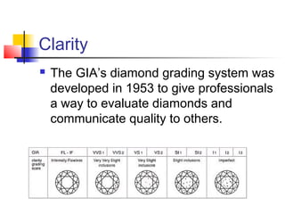 Clarity
 The GIA’s diamond grading system was
developed in 1953 to give professionals
a way to evaluate diamonds and
communicate quality to others.
 