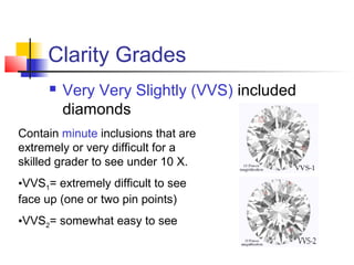 Clarity Grades
 Very Very Slightly (VVS) included
diamonds
Contain minute inclusions that are
extremely or very difficult for a
skilled grader to see under 10 X.
•VVS1= extremely difficult to see
face up (one or two pin points)
•VVS2= somewhat easy to see
 