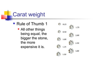 Carat weight
 Rule of Thumb 1
 All other things
being equal, the
bigger the stone,
the more
expensive it is.
 