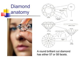 Diamond
anatomy
A round brilliant cut diamond
has either 57 or 58 facets.
 