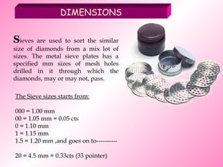 S ieves are used to sort the similar size of diamonds from a mix lot of sizes. The metal sieve plates has a specified mm sizes of mesh holes drilled in it through which the diamonds, may or may not, pass. The Sieve sizes starts from: 000 = 1.00 mm 00 = 1.05 mm = 0.05 cts 0 = 1.10 mm 1 = 1.15 mm  1.5 = 1.20 mm ,and goes on to---------- 20 = 4.5 mm = 0.33cts (33 pointer) DIMENSIONS 