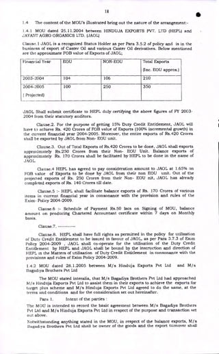 18
S
1.4 The content of the MOU's illustrated bring out the nature of the arrangement:-
1.4.1 MOU dated 25.11.2004 between HINDUJA EXPORTS PVT. LTD (HEPL) and
JAYANT AGRO ORGANICS LTD. (JAOL)
Clause.1 JAOL is a recognized Status Holder as per Para 3.5.2 of policy and is in the
business of export of Caster Oil and various Caster Oil derivatives. Below mentioned
are the approximate FOB value of Exports of JAOL;
Financial Year EOU NON-EOU Total Exports
(Inc. EOU approx.)
2003-2004 104 106 210
2004-2005
( Projected)
100 250 350
JAOL Shall submit certificate to HEPL duly certifying the above figures of FY 2003-
2004 from their statutory auditors.
Clause.2. For the purpose of getting 15% Duty Credit Entitlement, JAOL will
have to achieve Rs. 420 Crores of FOB value of Exports (100% incremental growth) in
the current financial year 2004-2005. Moreover, the entire exports of Rs.420 Crores
shall be exported by JAOL from Non- EOU unit.
Clause.3. Out of Total Exports of Rs.420 Crores to be done, JAOL shall exports
approximately Rs.250 Crores from their Non- EOU Unit. Balance exports of
approximately Rs. 170 Crores shall be facilitated by HEPL to be done in the name of
JAOL.
Clause.4 HEPL has agreed to pay consideration amount to JAOL at 1.65% on
FOB value of Exports to be done by JAOL from their non EOU unit. Out of the
projected exports of Rs. 250 Crores from their Non- EOU nit, JAOL has already
completed exports of Rs. 140 Crores till date.
Clause.5 HEPL shall facilitate balance exports of Rs. 170 Crores of various
items in current financial year in consonance with the provision and rules of the
Exim- Policy 2004-2009.
Clause.6 :- Schedule of Payment Rs.50 lacs on Signing of MOU, balance
amount on producing Chartered Accountant certificate within 7 days on Monthly
basis.
Clause.7.
Clause.8. HEPL shall have full rights as permitted in the policy for utilization
of Duty Credit Entitlement to be issued in favour of JAOL, as per Para 3.7.3 of Exim
Policy 2004-2009 , JAOL shall co-operate for the utilisation of the Duty Credit
Entitlement by HEPL and JAOL shall be bound by the instruction and direction of
HEPL in the Matters of utilisation of Duty Credit Entitlement in consonance with the
provisions and rules of Exim Policy 2004-2009.
1.4.2 MOU dated 28.1.2005 between M/s Hinduja Exports Pvt Ltd and M/s
Bagadiya Brothers Pvt Ltd
The MOU stated interalia, that M/s Bagadiya Brothers Pvt Ltd had approached
M/s Hinduja Exports Pvt Ltd to assist them in their exports to achieve the exports for
target plus scheme and M/s Hinduja Exports Pvt Ltd agreed to do the same, at the
terms and conditions and for the consideration set out hereinafter.
Para 1. Intent of the parties :
The MOO is intended to record the basic agreement between M/s Bagadiya Brothers
Pvt Ltd and M/s Hinduja Exports Pvt Ltd in respect of the purpose and transaction set
out above.
Notwithstanding anything stated in the MOU, in respect of the balance exports, M/s
Bagadiya Brothers Pvt Ltd shall be owner of the goods and the export turnover shall
 