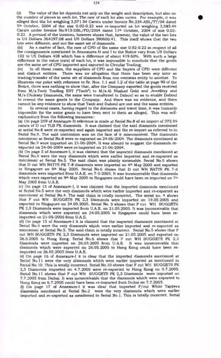 124
(ii) The value of the lot depends not only on the weight and description, but also on
the number of pieces in each lot. The rate of each lot also varies. For example, it was
alleged that the lot weighing 3,571.54 Carats under Invoice No.234-AEL/TT/04 dated
5th October, 2004 of the size 0.02-0.22 was re-imported as lot weighing 3,583.49
Carats under Invoice No.913-DBL/PD/2004 dated 11th October, 2004 of size 0.02-
0.22. A perusal of the invoices, however shows that, however, the value of the two lots
is US Dollars 364297.08 and US Dollars 390600.41. This itself shows that the two
lots were different, and not the same set of diamonds.
(iii) As a matter of fact, the rate of CPD of the same size 0.02-0.22 in respect of all
the consignments mentioned in Annexures-H and I to the Notice vary from US Dollars
102 to US Dollars 428 which has a difference of about 419.60%. With such a large
difference in the value (rate) of each lot, it was impossible to conclude that the goods
are the same set of CPD imported and exported in Circular Trading;
(iv) In all these cases, the suppliers of CPD and the buyers of CPD were different
and distinct entities. There was no allegation that there has been any inter se
trading/transfer of the same set of diamonds from one overseas entity to another. To
illustrate our point with reference to Sr. Nos. 1.1 and 1.2 of the table at page 90 of the
Notice, there was nothing to show that, after the Company exported the goods received
from M/s.Tanb Trading EST ("Tanb") to M/s.A1 Shahad Gold and Jewellery and
M/s.Choksey Diamonds, the same were transferred to Daboul so as to enable Daboul
to resend the same goods to the Company. And there was no evidence, and there
cannot be any evidence to show that Tanb and Daboul are one and the same entities.
(v) In several cases, having regard to the distances and travel time, it was humanly
impossible for the same goods to have been sent to them as alleged. This was self-
explanatory from the following instances:-
(a) On page 259 of Annexure-H reference is made at Serial No.8 of an import of 372.59
carats of I) cut TLB PK diamonds. It was claimed that the said diamonds mentioned
at serial No.8 were re-exported and again imported and the re-import as referred to in
Serial No.9. The said contention was on the face of it misconceived. The diamonds
mentioned at Serial No.8 were re-exported on 24-06-2004. The diamonds mentioned at
Serial No.9 were imported on 21-06-2004. It was absurd to suggest the diamonds re-
exported on 24-06-2004 were re-imported on 21-06-2004.
(b) On page 5 of Annexure-I, it was claimed that the imported diamonds mentioned at
Serial No.6 were the very diamonds which were earlier imported and re-exported as
mentioned at Serial No.5. The said claim was plainly untenable. Serial No.5 shows
that D cut. WH NATTS PK 7-8 diamonds were imported on 4th May 2005 and exported
to Singapore on 9th May 2005. Serial No.6 shows that D cut WH NATTS PK 7-8
diamonds were imported from U.A.E. on 7-5-2005. It was inconceivable that diamonds
which were exported on 9th May 2005 to Singapore could have been re-imported on 7th
May 2005 from U.A.E.
(c) On page 15 of Annexure-I, it was claimed that the imported diamonds mentioned
at Serial No.5 were the very diamonds which were earlier imported and re-exported as
mentioned at Serial No.4. The said claim is totally incorrect. The serial no. 4 shows
that F cut WH BUGGETS PK 2,3 Diamonds were imported on 19.05.2005 and
exported to Singapore on 24.05.2005. Serial No. 5 shows that F cut WH BUGGETS
PK 2,3 Diamonds were imported from U.A.E. on 21.05.2005. It was inconceivable that
diamonds which were exported on 24.05.2005 to Singapore could have been re-
imported on 21-05-2005 from U.A.E.
(d) On page 15 of Annexure-I it is claimed that the imported diamonds mentioned at
Serial No.6 were the very diamonds which were earlier imported and re-exported as
mentioned at Serial No.5. The said claim is totally incorrect. Serial No.5 shows that F
cut WH BUGGETS PK 2,3 Diamonds were imported on 21.05.2005 and exported on
26.5.2005 to Hong Kong. Serial No.6 shows that F cut WH BUGGETS PK 2,3
Diamonds were imported on 26.05.2005 from U.A.E. It was inconceivable that
diamonds which were exported on 26.05.2005 to Hong Kong could have been re-
imported on 26.05.2005 from U.A.E.
(e) On page 16 of Annexure-I it is clear that the imported diamonds mentioned at
Serial No.11 were the very diamonds which were earlier imported as mentioned in
Serial No.10. This is totally incorrect. Serial No.10 shows that F cut WH BUGGETS PK
2,3 Diamonds imported on 4.7.2005 were re-exported to Hong Kong on 6.7.2005.
Serial No.11 shows that F cut WH BUGGETS PK 2,3 Diamonds were imported on
7.7.2005 from Dubai. It was inconceivable that the diamonds which were exported to
Hong Kong on 6.7.2005 could have been re-imported from Dubai on 7.7.2005.
(f) On page 17 of Annexure-I it was clear that imported F/ cut White Tappers
diamonds mentioned at Serial No.2 were the very diamonds which were earlier
imported and re-exported as mentioned in Serial No. 1. This is totally incorrect. Serial
 