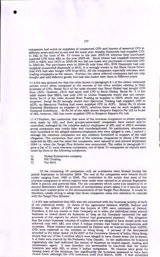 137
companies had acted as suppliers of unassorted CPD and buyers of assorted CPD in
different years and not in one and the same year. Kwality Diamonds had supplied CPD
to AEL to the tune of Rs. 21 crores in the year 2004-05 whereas they purchased
assorted CPD from AEL in the year 2005-06. Excel Global had supplied unassorted
CPD to HEPL and JAOL in 2005-06 but did not made any purchases of assorted CPD
in 2005-06. The purchases were in 2004-05 only from AEL. KVK Diamonds had only
supplied unassorted diamonds to MOL. It is wrongly shown in the Show Cause Notice
that KVK had also bought CPD from MOL. All the companies especially overseas were
trading companies in the nature. Further, the above referred companies had not only
bought and sold different goods, but had also traded with them in different years.
11.4.6It was pointed out that the table shown in paragraph 8.1 of the notice contained
certain errors when compared to the records of the other entities relating to their
business of CPD. Serial No.3 of the table showed that Excel Global had bought CPD
from JAOL. However, JAOL had never sold CPD to Excel Global. Serial No 5 of the
table shows that BBPL had sold CPD to Crown Diamonds which was not correct.
Serial No.14 of the table showed Rose Trading as supplier to HEPL which was also
incorrect. Serial No.22 wrongly shows that Spectrum Trading had supplied CPD to
ACPL, as Spectrum Trading had never supplied CPD to ACPL. Serial No.15 shows
Diamond Distributor as supplier to HEPL, whereas there was no such supplier as
Diamond Distributor. Sr.No.34 of the table shows Emperor Exports Pte Ltd as buyer
of AEL, however, AEL has never supplied CPD to Emperor Exports Pte Ltd.
11.4.7 Further, the contention that most of the overseas companies to whom exports
were made by AEL and their groups/associated companies were owned and/or
controlled, managed by the relatives and/or employees of AEL and or AEL's overseas
group companies was totally false and unsubstantiated. No particulars, whatsoever
were furnished of the alleged relatives/employees who were alleged to own / control /
manage the overseas companies nor any evidence furnished in support of the said
allegation. The contention that most of the overseas companies to whom CPD were
exported by AEL and the other five companies, were opened in and around September
2004 i.e. when the Target Plus Scheme was announced. The notice in paragraph 8.1
gave a list of 21 such overseas companies; out of these 21 companies no exports were
made by them to the following companies:
A) Global Enterprises company
B) PNJ Trading
C) Top Rich
Of the remaining 18 companies only six companies were formed during the
period September to December 2004. The rest of the companies were formed much
earlier ranging from 1988 to 2000. The contention in the notice that most of the
overseas companies to whom exports were made were opened in or around September
2004 is plainly and patently false. The six companies which came into existence in or
around September 2004 the process of incorporation which takes 2 to 3 months time
would have started prior to the announcement of the Target Plus Scheme. It would be
therefore, totally wrong to allege that those companies came into existence to coincide
with the Target Plus Scheme.
11.4.81t was submitted that AEL was not concerned with the business activity of each
of the individual entity. In terms of the agreement between AGFZE, Daboul and
Gudami, the sellers of CPD and the buyers of CPD were nominees of Daboul.
Therefore, it did not matter to their Company as to when the individual entity started
business or closed down its business so long as the Company recovered the sale
proceeds of the exports for which Daboul had guaranteed payment. The allegation
that the entire business volumes of entities which are alleged to have closed down was
achieved only with AEL and other 5 Indian entities was based on conjuctures and
surmises. These entities were nominated by Daboul and on instruction from AGFZE,
CPD were exported to the entitites in Hong Kong. A perusal of the documents
attached to the letter dated 14.02.2007 of the Consulate General of India, Hong Kong,
shows that out of the 5 entities which were alleged to have closed down the business,
4 of them were started by Ms.Nishaben Vijay Gandhi. In her application for business
registration she had indicated the nature of business as import-export, trading and
commission agent. It was therefore not permissible to conclude that the entire
business was with AEL or other 5 Indian companies. No reasons were given for
closing down of the business, but significantly the business appeared to have been
closed down although the TPS continued until 31st March, 2006. It was submitted
•
 