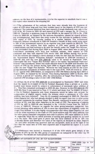 ; manner.
• •:4 4%
141.9 Reference was invited to Annexure N of the SCN which gives details of the
=
4. - t : exports of CPD by the Six AEL group of companies as compared to the other top 34
;,, exporters. The details are summarised as follows:
187
ippears, on the face of it unreasonable, it is for the exporter to establish that it was a
true export value stated in the shipping bill
141.1.7 The submission of the noticees that they were already into the business of
export of CPD since long and that their sudden spurt in the exports of CPD was not
misplaced. The noticees admitted that their exports of rough diamonds was only to the
tune of Rs. 83 Crores in 2001-02 and exports of CPD was a meager Rs. 20 Crores in
2002-03. Therefore a quantum jump of over 8400% in the export of CPD to Rs. 1700
Crores in 2003-04, as claimed by the noticees, themselves, cannot be viewed without
any circumspection. And there was every reason for the noticees to suddenly bolster
heir export of CPD, by circular trading in a similar fashion. The Incremental
Promotion Scheme introduced in 2003-04 entailed a benefit of duty credit scrip equal
to 10% of the incremental exports by an exporter over their exports in 2002-03. The
contention of the notices that their exports of CPD were purely on business
considerations and had nothing to do with the benefit under the Target Plus Scheme.
Ii was contended that during April 2004 to August 2004, when there was no policy of
Government containing such duty free incentive scheme, their exports of CPD
continued and they had exported CPD worth USD 300 Million during this period.
liere the noticees are making a clever attempt to hide the fact that the benefits under
the "Incremental Export Promotion Scheme", introduced in 2003-04 continued in
2004-05 also and the new FTP 2004-09 came to be issued in September 2004,
u hereunder the new "Target Plus Scheme" akin to the earlier "Incremental Promotion
Scheme" was introduced, which was made effective from 01.04.2004 and therefore the
exports of CPD by the noticee during April 2004 to August 2004 were made eligible
under the new "Target Plus Scheme. Moreover the total exports of CPD for the entire
group/associate companies of Adanis was to the tune of Rs. 7924.35 Crores in 2004-
03 i.e. approx USD 1800 Million, as compared to USD 300 Million during April 2004 to
August 2004, as claimed by the noticee. Thus during September 2004 to March 2005
i.e. within a period of 7 months, after the introduction of Target Plus Scheme, they
exported CPD showing a value of over USD 1500 Million.
14.1.8Para 4A.18 of the FTP 2004-09 as promulgated in September 2004 laid down
that the import 86 re-export of Cut & Polished diamonds from a private or a public
bonded ware house would be subject to achievement of minimum value addition of
5(v.i. This Para remained unchanged in 2005-06 also. However in the MT 2004-09 (RE
2005-06) Note 5 was inserted in Para 3.7.3 which laid down that "in respect of export
of Cut & Polished diamonds only those shipments would be taken into account for
computation of eligible exports under the scheme where a minimum of 10% value
addition has been achieved". Para 4A.18 remained unchanged in 2005-06. Therefore
Adani Exports Ltd. who had already decided to shift its export turn over to other group
a::sociate companies for availing Target Plus Benefit, continued to export with a value
actdition of 5%, just like other exporters in the trade of CPD. The quantum of exports
of CPD by AEL in 2005-06 also dwindled to Rs. 1193.64 Crores from Rs. 5626.67
Crores in 2004-05. However as regards the other group/associate companies they
started showing value addition of 10% to meet the requirement of eligibility under the
carget Plus Scheme. It is also highly circumspective that when Adani Exports Ltd. and
tn. en the other exporters in the trade of CPD could achieve only 5% value addition how
the other group/ associate companies were able to achieve 10% value addition in 2005-
especially when the so called activities of sorting and grading carried out in bond
wire the same. This itself goes to prove that the value addition of 5% or 10% was
.arificially shown and therefore the value of the exports as declared by Adani Exports
td, and other noticees was incorrect and not acceptable, more so in the light of the
7,fact that the same sets of CPD were exported and re-imported for export in a cyclic
•
',
''‘`liktfs44ARYOF EXPORTS OF CPD BY TOP 40 EXPORTERS
7.%
2003-2004 2004-2005 2005-2006
Oct. 2005)
(up to 31st
Quantity
(Carats)
Val.
Crs)
(in Quantity
(Carats)
Val.
Crs)
(in Quantity
(Carats)
Val.
Crs)
(in
 