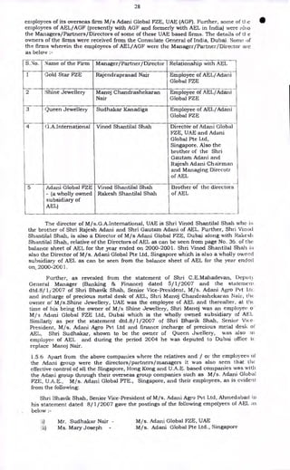 28
employees of its overseas firm M/s Adani Global FZE, UAE (AGF). Further, some of tic
employees of AEL/AGF (presently with AGF and formerly with AEL in India) were ill so
the Managers/Partners/Directors of some of these UAE based firms. The details of tl e
owners of the firms were received from the Consulate General of India, Dubai. Some of
the firms wherein the employees of AEL/AGF were the Manager/Partner/Director are
as below :-
S.No. Name of the Firm Manager/Partner/Director Relationship with AEL
1 Gold Star FZE Rajendraprasad Nair Employee of AEL/Adani
Global FZE
2 Shine Jewellery Manoj Chandrashekaran
Nair
Employee of AEL/Adani
Global FZE
3 Queen Jewellery Sudhakar Kanadiga Employee of AEL/Adani
Global FZE
4 G.A.International Vinod Shantilal Shah Director of Adani Global
FZE, UAE and Adani
Global Pte Ltd,
Singapore. Also the
brother of the Shri
Gautam Adani and
Rajesh Adani Chairman
and Managing Direcotr
of AEL
5 Adani Global FZE
- (a wholly owned
subsidiary of
AEL)
Vinod Shantilal Shah
Rakesh Shantilal Shah
Brother of the directors
of AEL
The director of M/s.G.A.International, UAE is Shri Vinod Shantilal Shah who is
the brother of Shri Rajesh Adani and Shri Gautam Adani of AEL. Further, Shri Vinod
Shantilal Shah, is also a Director of M/s Adani Global FZE, Dubai along with Rakesh
Shantilal Shah, relative of the Directors of AEL as can be seen from page No. 36. of the
balance sheet of AEL for the year ended on 2000-2001. Shri Vinod Shantilal Shah is
also the Director of M/s. Adani Global Pte Ltd, Singapore which is also a wholly owned
subsidiary of AEL as can be seen from the balance sheet of AEL for the year ended
on 2000-2001.
Further, as revealed from the statement of Shri C.E.Mahadevan, L)epu 1.)
General Manager (Banking & Finance) dated 5/ 1/2007 and the statemeni
dtd.8/ 1'2007 of Shri Bhavik Shah, Senior Vice-President, M/s. Adani Agro Pvt Ltc
and incharge of precious metal desk of AEL, Shri Manoj Chandrashekaran Nair, tlic
owner of M/s.Shine Jewellery, UAE was the employee of AEL and thereafter, at thu
time of his being the owner of M/s Shine Jewellery, Shri Manoj was an employee o
M/ s Adani Global FZE Ltd, Dubai which is the wholly owned subsidiary of AEL
Similarly as per the statement dtd.8/1/2007 of Shri Bhavik Shah, Senior Vice-
President, M/s. Adani Agro Pvt Ltd and finance incharge of precious metal desk of
AEL, Shri Sudhakar, shown to be the owner of Queen Jwellery, was also 111
employee of AEL and during the period 2004 he was deputed to Dubai office tc
replace Manoj Nair.
1.5.6 Apart from the above companies where the relatives and / or the employees of
the Adani group were the directors/partners/managers it was also seen that tlic
effective control of all the Singapore, Hong Kong and U.A.E. based companies was with
the Adani group through their overseas group companies such as M/s. Adani Global
FZE, U.A.E., M/s. Adani Global PTE., Singapore, and their employees, as is evident
from the following:
Shri 13havik Shah, Senior Vice-President of M/s. Adani Agro Pvt Ltd, Ahmedabad in
his statement dated 8/1/2007 gave the postings of the following empolyees of AEL as
below :-
i) Sudhakar Nair - M/s. Adani Global FZE, UAE
ii) Ms. Mary Joseph - M/s. Adani Global Pte Ltd., Singapore
 