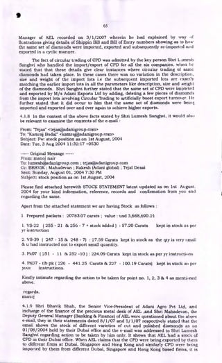 •
65
Manager of AEL recorded on 3/1/2007 wherein he had explained by way of
llustrations giving details of Shippin Bill and Bill of Entry numbers showing as to how
the same set of diamonds were imported, exported and subsequently re-importcid and
exported in a cyclic manner.
The fact of circular trading of CPD was admitted by the key person Shri L nnesla
Sanghvi who handled the import/export of CPD for all the six companies, when he
stated that that these details give clear instances where circular trading of same
diamonds had taken place. In these cases there was no variation in the description,
size and weight of the import lots i.e the subsequent imported lots are exactly
matching the earlier import lots in all the parameters like description, size and weight
of the diamonds. Shri Sanghvi further stated that the same set of CPD were imported
and exported by Mi s Adani Exports Ltd by adding, deleting a few pieces of diamonds
from the import lots involving Circular Trading to artificially boost export turnover. lie
further stated that it did occur to him that the same set of diamonds were bein;
imported and exported over and over again to achieve higher exports.
4.1.8 In the context of the above facts stated by Shri Lumesh Sanghvi, it would also
be relevant to examine the contents of the e-mail :
From: "Tejas" <tejas®adanigroup.com>
To: "Kamraj Bodal" <kamraj@adanigroup.com>
Subject: Fw: stock position as on 1st August, 2004
Date: The, 3 Aug 2004 11:32:17 +0530
Original Message
From: manoj nair
To: lumesh®adanigroup.com ; tejaadanigroup.com
Cc: BHAVIK ; Mahadevan ; Rakesh (Adani global) ; Tejal Desai
Sent: Sunday, August 01, 2004 7:30 PM
Subject: stock position as on I st August, 2004
Please find attached herewith STOCK STATEMENT latest updated as on 1st Au gust.
2004 for your kind information, reference, records and confirmation from you end
regarding the same.
Apart from the attached statement we are having Stock as follows :
I. Prepared packets : 20783.07 carats ; value : usd 3,688,690.21
I. VS-22 ( 255 - 21 & 256 - 7 + stock added) : 57.20 Carats kept in stock as per
yr instruction
2. VS-39 ( 247 - 15 & 248 - 7) : 27.59 Carats kept in stock as the qty is very :mall
u had instructed not to export small quantity.
3. P1c07 251 - 11 & 252 -10) : 224.09 Carats kept in stock as per yr instructions
4. PK07 - tlb pk ( 226 - 441.25 Carats & 227 - 100.19 Carats) kept in stock a per
your instructions.
Kindly intimate regarding the action to be taken for point no. 1, 2, 3 & 4 as mentioned
above.
regards,
manoj
4.1.9 Shri Bhavik Shah, the Senior Vice-President of Adani Agro Pvt Ltd, and
incharge of the finance of the precious metal desk of AEL ,and Shri Mahadevan, the
Deputy General Manager (Banking & Finance) of AEL were questioned about the above
e-mail, they in their statements dated 8/1/07 and 5/1/07 respectively stated that the
email shows the stock of different varieties of cut and polished diamonds as on
01/08/2004 held by their Dubai office and the e-mail was addressed to Shri Lumesh
Sanghvi regarding action to be taken by him only. It shows that AEL had a stock of
CPD in their Dubai office. When AEL claims that the CPD were being exported by them
to different firms at Dubai, Singapore and Hong Kong and similarly CPD were being
imported by them from different Dubai, Singapore and Hong Kong based firms, it is
 
