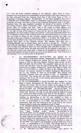 •
91
7.2.7 That the funds remitted overseas to the different firms based at Dubai.
Singapore and Hong Kong were immediately returned back to AEL was evidenced from
the data recovered from the computer hard disc of Shri Vipul Desai of AEL, by
Directorate of Forensic Science, Gandhinagar. In two Excel worksheet files named
"41E90400" and "LCRECORDI" there is a worksheet named 'CYCLE' and within the
worksheet the same was titled as Day-to-Day Diamond Statements from I /10,"2004,
Financial Cycle. The said worksheet contained the details of the imports of CPD by
AEL during October, 2004 to November, 2004, name of the overseas supplier firm,
invoice value, LC number and date, name of the Letter of Credit opening and
discounting bank in India and overseas, usance period of the LC, date of discount of
the LC, date of credit of the amount at Dubai and the date of credit of the amo int at
Ahmedabad, the total number of days and remarks. It was seen from these details that
the LC opened in favour of the overseas firms were discounted within 2 to 6 da3s and
after its credit at Dubai (in the overseas supplier firms account) the same was
returned to AEL and credited at Ahmedabad within 4 to 19 days. The target days a;
per the said worksheet was 4 days and wherever the period of 4 days is exceeded, tli
reasons were given in the remarks column. The remarks vary from due to
Saturday/Sunday, due to Dubai closed, due to strike in Europe etc. However, the
fund cycle for remittance overseas to different firms and its subsequent repatriation
back to India from different firms was also managed and controlled by AEL. In the
normal course of trade where the seller and buyer are not related to each other or (lc
not have any control over each other it would not be possible for the Indian firm to
control and regulate the flow of funds as is seen in the instant case. A few instan,.;es of
discounting of L/cs are listed below as illustration :-
1) LC IM LC03604000043 dtd.5/ 10/2004 was opened by the
Development Credit Bank Limited, Ahmedabad for 365 days in favour
of M/s. Daboul Trading LLC, Dubai. This LC was in respect cf the
import of CPD by AEL from Daboul Trading under Invoice No 834-
DBL/PD/2004 dtd.25/9/2004. The payment terms as per the said
invoice was 365 days from the date of Airway Bill. The said IX was
discounted by Daboul Trading LLC, Dubai with Bank of India, New
York on 07/10/2004 i.e. within 02 days of the opening of the LC.
Further, the amount obtained by Daboul Trading on discounting of
the LC was credited to them on 8/10/2004. This amount was
thereafter returned back and credited to AEL in Ahmedabad on
9/10/2004. This shows that the entire transaction right from the
opening of the LC by AEL to the amount being returned to them was
completed in just 04 days.
2) LC No. 04152041M0050712 dtd.26/ 10/2004 was opened by state
Bank of India, Ahmedabad for 180 days in favor of M/s. Daboul
Trading LLC, Dubai. This LC was in respect of the import of CPI) by
AEL from Daboul Trading LLC under invoice No. 953-DBL/PD/2004
dtd.26/10/2004 and 954-DBL/PD/2004 dtd.26/ 10/2004. The
payment terms as per the said invoice was 180 days from the da, e of
Airway Bill. However, the said LC was discounted by Daboul Trading
LLC, Dubai with Bank of India, New York on 29/10/2004 i.e. within
03 days of the opening of LC. Further, the amount obtained by Daboul
Trading on discounting of the LC was credited to them on
30/10/2004. This amount was thereafter returned back and credited
to AEL in Ahmedabad on 2/11/2004. This shows that the entire
transaction right from the opening of the LC by AEL to the amount
being returned to them was completed in just 07 days.
3) LC No. 00091MLU00403138 dtd.26/10/2004 was opened by InduEind
Bank Limited, Ahmedabad for 365 days in favour of M/s. Tanb
Trading, UAE.. This LC was in respect of the import of CPD by AEL
from Tanb Trading under , Invoice No.229-AEL/TT!04
dtd.29/09/2004 and the payment terms as per the invoice was 365
days from the date of airway bill. The said LC was however discounted
by Tanb Trading with Bank of India, New York on 29/10/2004 i.e.
within 03 days of the opening of the LC. Further, the amount obtained
by Tanb Trading on discounting of the LC was credited to them on
30/10/2004. This amount was thereafter returned back and credited
to AEL in Ahmedabad on 2/ 11/2004. This shows that the ent ire
transaction right from the opening of the LC by AEL to the amount
being returned to them was completed in just 07 days.
41 LC No. SPN/AEL/ 115/2004 dtd.31/ 12/2004 was opened by
 
