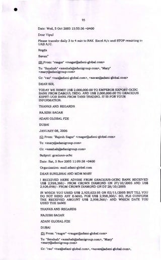 95
Date: Wed, 5 Oct 2005 15:55:36 +0400
Dear Vipul
Please transfer daily 3 to 4 mio to RAK Excel A/c and STOP remitting to
UAB A/C.
Regds
Sayan"
(B) From: "rsagar" <rsagar@adani-global.com>
To: "Smshah" <smshah@adanigroup.com>, "Mary"
<mary@adanigroup.com>
Cc: "rao" <rao@adani-global.com>, <savan@adani-global.com>
DEAR SIR,
TODAY WE REMIT US$ 2,000,000.00 TO EMPEROR EXPORT-OCE3C
BANK FROM DABOUL TRDG. AND US$ 2,000,000.00 TO GRACIOUS
EXPRT-UOB BANK FROM TANB TRADING. IT IS FOR YOUR
INFORMATION.
THANKS AND REGARDS
RAJESH SAGAR
ADANI GLOBAL FZE
DUBAI
JANUARY 08, 2006
nFrom: "Rajesh Sagar" <rsagar@adani-global.corn>
To: <mary@adanigroup.corn>
Cc: <smshah@adanigroup.corn>
Subject: gracious-ocbc
Date: Sat, 5 Nov 2005 11:09:38 +0400
Organization: mail.adani-global.corn
DEAR SUNILBHAI AND MDM MARY
I RECEIVED HERE ADVISE FROM GRACIOUS-OCBC BANK RECEIVED
US$ 2,998,360/- FROM CROWN DIAMOND ON 27/10/2005 AND US$
2,926,098/- FROM CROWN DIAMOND ON DT 28/10/2005
IN WHICH YOU USED US$ 2,925,623.95 ON 02/11/2005 BUT TILL YOU
DO NOT SEND ANY E-MAIL FOR US$ 2,998,360/- SO, PLS CONFORM
THE RECEIVED AMOUNT US$ 2,998,360/- AND WHICH DATE YOU
USED THE SAME
THANKS AND REGARDS
RAJESH SAGAR
ADANI GLOBAL FZE
DUBAI
(D) From: "rsagar" <rsagar@adani-global.com>
To: "Smshah" <smshah@adanigroup.corn>, "Mary"
<mary@adanigroup.corn>
Cc: "rao" <rao@adani-global.corn>, <savan@adani-global.com>
•
 